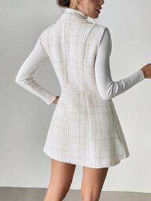 Elyressa 2pcs Women Set: Tweed Fabric Vest + A-Line Mini Skirt, Elegant Commuting Outfit - White - View 2