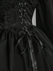 SHEIN ICON 女士黑色褶皱提花腰带拼接荷叶边露肩喇叭袖波浪下摆A字雪纺衬衫，适合派对和休闲穿着 - 黑色 - 查看 11