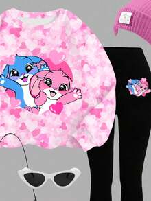 2pcs Tween Girls Casual Soft Crew Neck Long Sleeve Sweatshirt & Leggings Set, Featuring Cute Rabbit, Heart, Stitch Graphic Print, Suitable For Autumn/Winter Daily Wear, Holidays, Valentine's Day, Vacation, Outings, Street Style - Multicolor - View 5