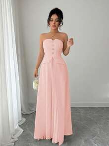 Elenzga Standard Size Women's Metal Decor Faux Pocket Pleated Hem Minimalist Elegant Mid-Length Dress - Pink - View 3
