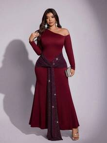 Viva Relle Plus Size Women's Sexy Long Sleeve Sequin Patchwork High-End Design Lightweight Dress, Elegant Flared Dress For Party, Wedding, Valentine's Day - Burgundy - View 4