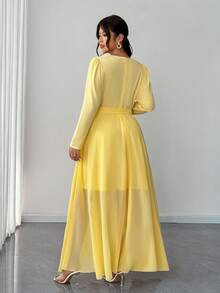 Elenzga 大码女士优雅浪漫休闲V领长袖飘逸雪纺长裙 - 黃色 - 查看 2