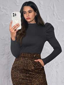 SHEIN Clasi Mock-Neck Gigot Sleeve Top Black Top - Grey - View 7