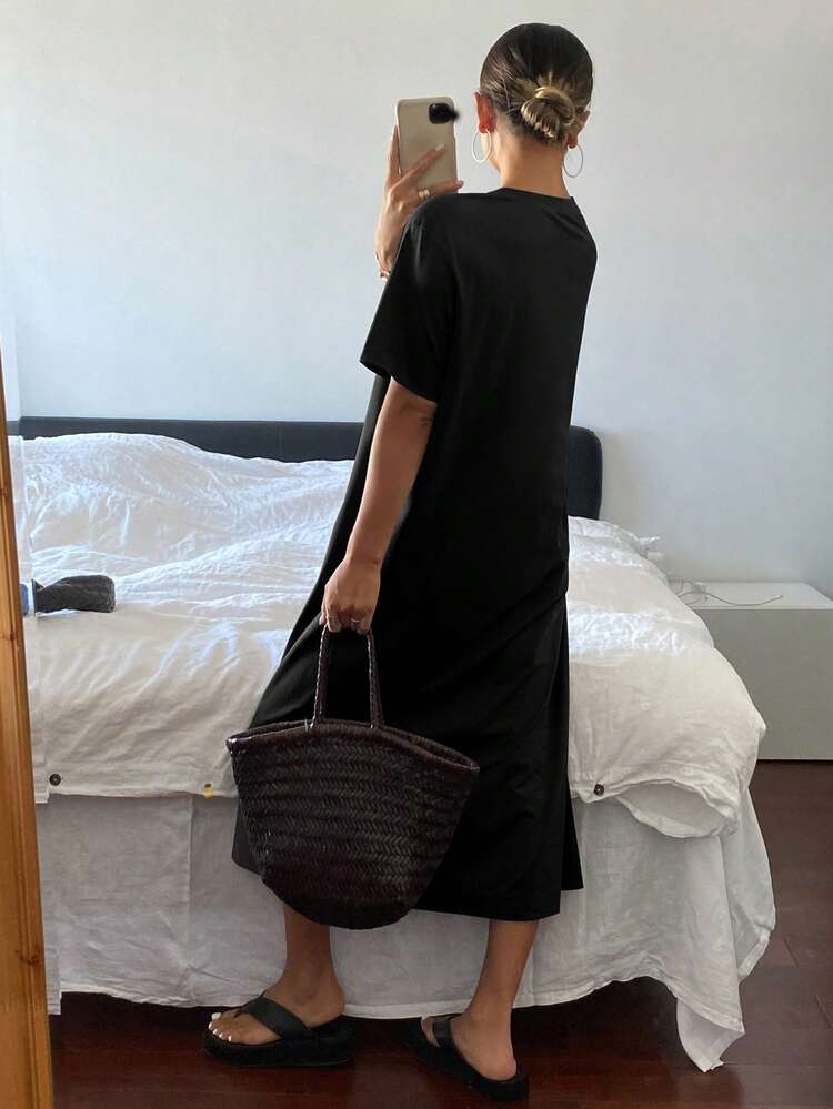 Tall Women's Round Neck Short Sleeve Dress, Vacation Style Maxi Dress Sundress