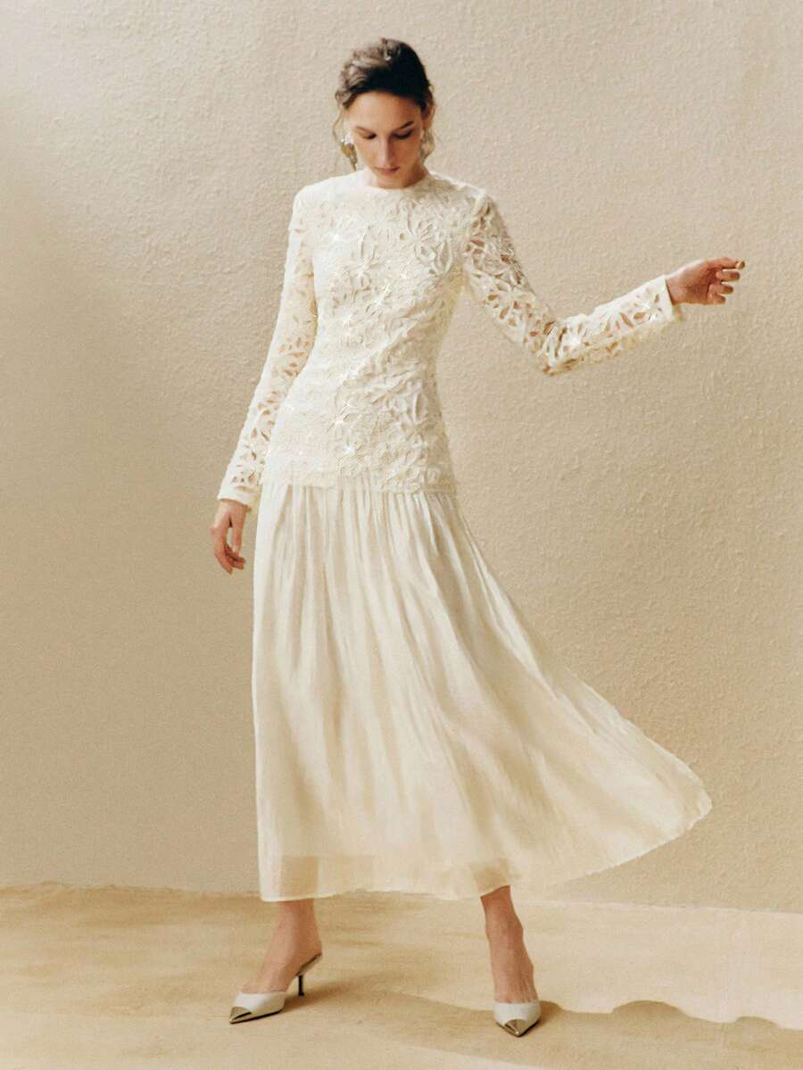 Arave Váy vải sequin thêu lưới dệt thanh lịch dành cho nữ, cổ tròn, tay dài raglan, viền xòe, thiết kế chắp vá, phù hợp cho những dịp trang trọng - Màu be - Xem 1