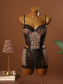 2pcs Leopard Print Lace Patchwork Black Bodysuit, Paired With Sexy Mini Skirt, Cleavage Enhancing Slim Fit Design To Showcase Wild And Alluring Femininity ClassicAnimalPrint Leopard Print Lingerie Plus Size Corsets Cheetah Print Corset Cheetah Print Lingerie Lingerie Sexy Dress - Multicolor - View 1