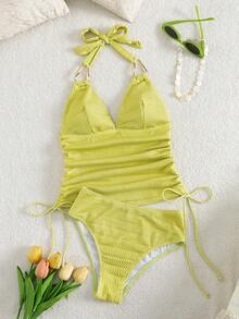 Bonvoyette Lime Green Textured Fabric Bikini Set,Deep V Drawstring Metal Decor Top And High-Waisted Bottom,Summer Casual Beach Vacation Holiday Spring Autumn - Mustard Yellow - View 3