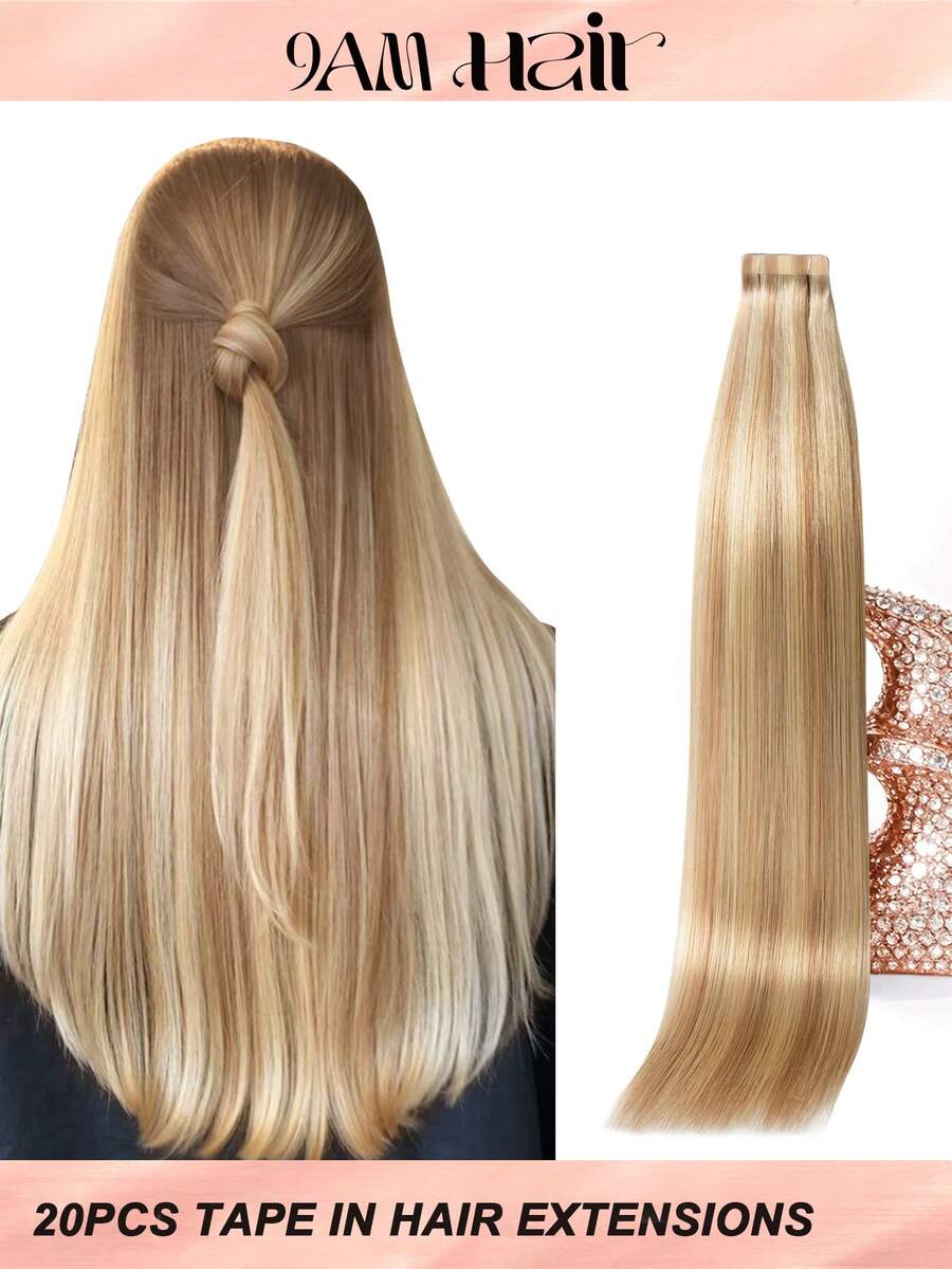 Tape In Hair Extensions 100% Human Hair #P18/22Light Blonde Highlighted Golden Blonde Straight Style In 14-22 Inch Lengths Extensions Silky Seamless Invisible Top Quality Thick Ends Healthy Human Hair Extensions 50g/Pack For Thin Hair And Salon Use