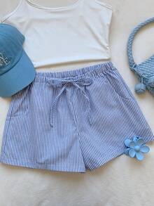 Comfortcana Ladies' Striped & Printed Casual Shorts With Pockets & Knot Design, Summer