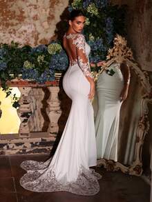 Glamrae 优雅浪漫全蕾丝点缀花卉薄纱长袖高领3D刺绣修身高腰显瘦鱼尾长拖尾可拆卸超大蝴蝶结婚纱，白色新娘礼服，新娘，情人节 - 米色 - 查看 7