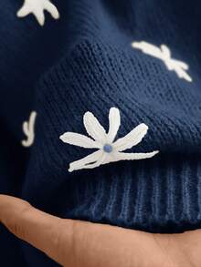 CosyJoli 大码花卉图案圆领毛衣，休闲日常穿着，秋冬