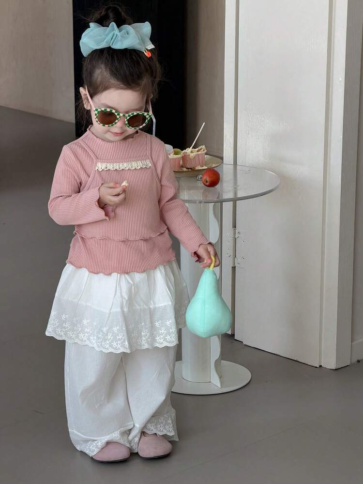 Baby Girls 2 In 1 Solid Color Lace Patchwork Cute Sweet Long Sleeve Top Toddler Girls Clothes