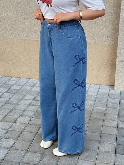 SHEIN EZwear Jeans anchos y sueltos de talla grande para mujer, primavera/verano