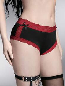 ROMWE Goth 1条黑色棉质蕾丝边女士内裤，情人节礼物 - 酒紅色 - 查看 5