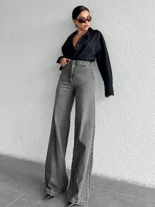 SHEIN 100%Cotton High Waist Wide Leg Jeans TALL - Grey - View 5