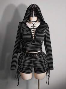 SHEIN ICON Plus Size Y2K Dark Punk Style Casual Side Ruched Drawstring Striped Shorts Goth Shorts Black And Gray Striped Shorts Ruched Shorts - Black - View 4