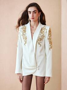 Arave 女士斜纹布深V领宽松长袖不对称设计西装外套，适合日常通勤 - 杏色 - 查看 4