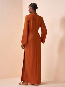 Zivah 2026 Spring/Summer New Music Festival Casual Vacation Commute Style V-Neck Flare Sleeve Waist Tie Loose New Chinese Style Long Linen Dress - Brown - View 2