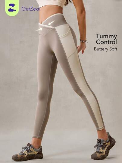 OutZeal 女士健身运动紧身裤 普拉提运动服 高腰撞色拼接收腹塑形带口袋