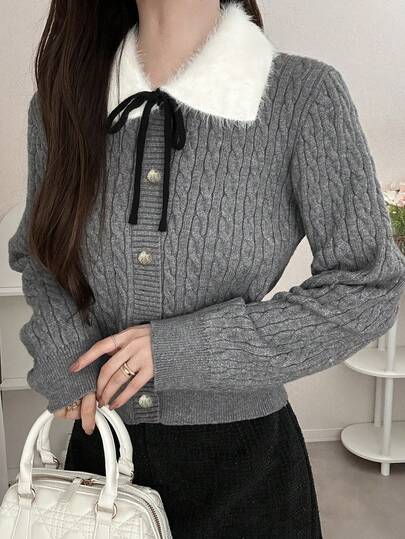 FRIFUL 女式扭纹前扣系带优雅长袖开衫