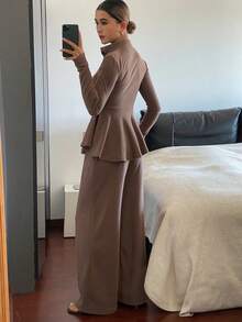 DAZY 女士立领荷叶边上衣和直筒裤两件套休闲套装 Y2K 家居服套装 - 棕色 - 查看 5
