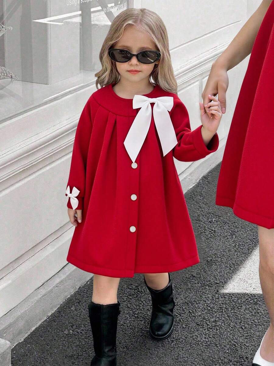 Elladie kids 1pc Girls Kids Winter New 2025 Korean Version Mid-Length Jacket, Round Neck Open Front Loose Fit Long Sleeve, Removable Bow Cuffs & Collar, Elegant Elegant Fashion Street Casual Windbreaker Coat - Red - View 1