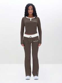 BABYPHAT Ribbed Henley Long Sleeve Top With Contrast White Trim And Button Placket For Casual Everyday Wear - Mocha Brown - View 3