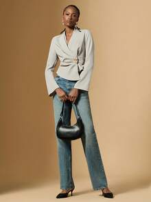 Briarwyn 2026 Nueva llegada Primavera Blusa de mujer de unicolor con mangas acampanadas y decoración metálica en la cintura, elegante, para oficina, adecuada para trabajo y uso diario, vacaciones de verano, primavera, salidas - Gris Claro - Ver 6