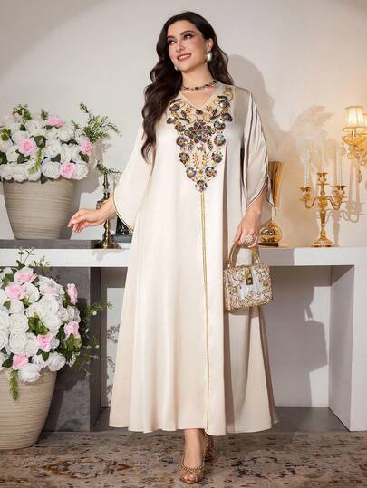 Al Najma Elegant V-Neck Flare Sleeve Flowy Dress, Spring/Summer Kaftan Jalabiya Dress