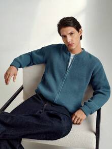 RONVEXI Men's Solid Color Long Sleeve Casual Zip-Up Knit Cardigan, Autumn/Winter - Dusty Blue - View 6