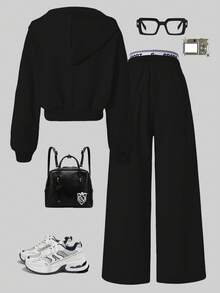 SHEIN 2件套女童连帽拉链外套短款上衣和宽松弹力腰阔腿休闲裤套装，秋季 - 黑色 - 查看 2