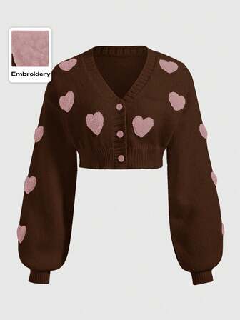 Kawaii Cardigan corto casual con maniche a lanterna e ricamo a cuore, autunnale