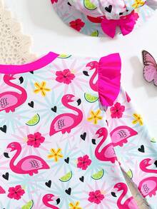 Baby Girls 1-Piece Swimsuit With Hat,Fuchsia Bow & Flamingo Print Long Sleeve Rash Guard Bathing Suit,Summer Holiday Beach Pool Swimwear For 12 Month - Pink - View 7
