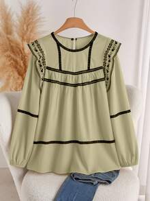 CosyJoli Áo sơ mi dài tay cổ tròn màu đen thời trang cỡ lớn dành cho nữ, áo cánh sang trọng cho ngày thường, đi chơi - Màu be - Xem 3