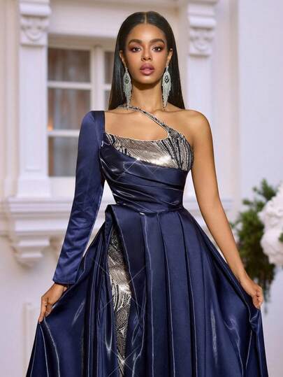 Glamrae Elegant Luxury Woven Sparkling Sequin Embroidered Liquid Satin, Asymmetric Neckline Double-Layer Wrap With Handmade Pleats, Inverted U-Shaped Flared Skirt, Suitable For Wedding, Gala, Event, Banquet, Business, And Concert Guest Formal Dress