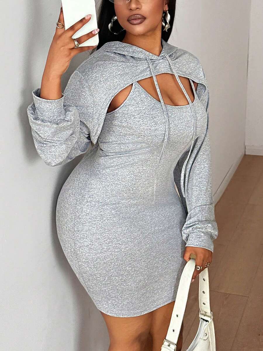 Maweii 大码女式纯色长袖抽绳连帽卫衣和吊带连衣裙休闲两件套 - 灰色 - 查看 1