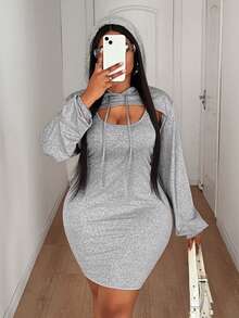 Maweii 大码女式纯色长袖抽绳连帽卫衣和吊带连衣裙休闲两件套 - 灰色 - 查看 2