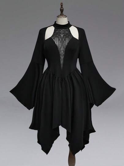 Gothic Style Off-Shoulder Mesh Patchwork Deep V-Neck Flare Sleeve Irregular Hem Plus Size Dress