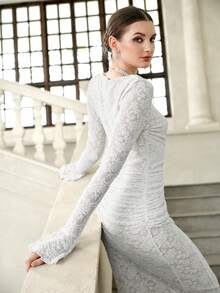 Selianne Elegant Asymmetric Ruffle Lace Mermaid Hem Long Sleeve Dress For Women, Suitable For Party, Date, Casual Wear, Afternoon Tea - White - View 4