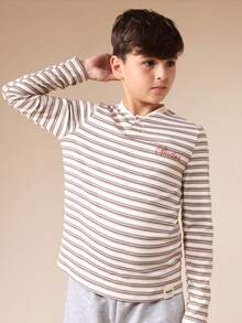 SUMWON Boys Striped Long Sleeve Henley Top With Button Placket And Logo Casual Everyday Wear School Tween Vacation - Apricot - View 1