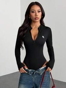 SHEIN PETITE 2pcs Women Casual Stand Collar Half Zip Front Skinny Bodysuit Set, Ribbed Fabric, Riding Horse Logo Print Autumn And Winter - Multicolor - View 5