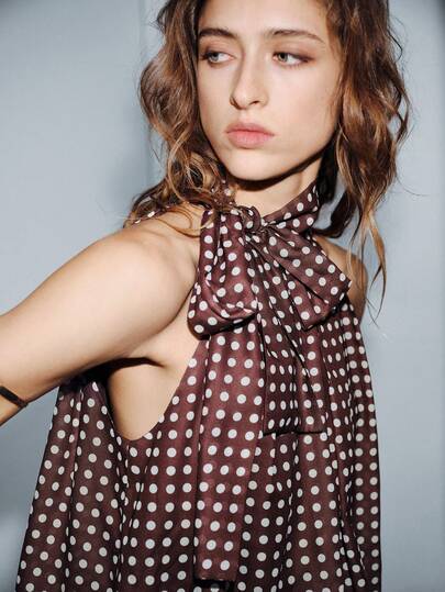 Lumivelle Valentine's Day Women's Fashion Party Graduation Bowknot Polka Dot Print Camisole Polka Dot Top Tie Top Brown Polka Dot Party Top Scarf Top Brown Top Bow Neck Top Pokadot Top Sleeveless Top Brown Polka Dot Top