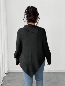 Elenzga Plus Size Women Winter Asymmetrical High Neck Long Sleeve Fashionable Sexy Pearl Solid Pullover Sweater - Black - View 2