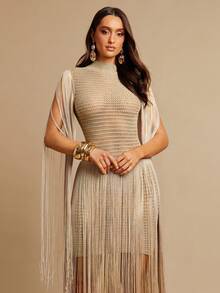 Silquee Váy midi dài tua rua không tay thời trang - Vàng - Xem 6