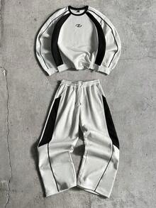 AXEPEAK Casual Loose Fit Color Block Crew Neck Sweatshirt Set - Grey - View 1