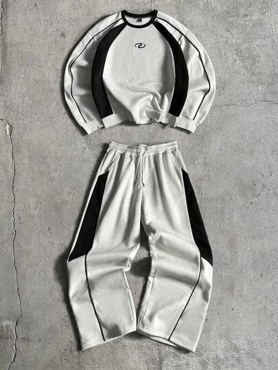 AXEPEAK Casual Loose Fit Color Block Crew Neck Sweatshirt Set