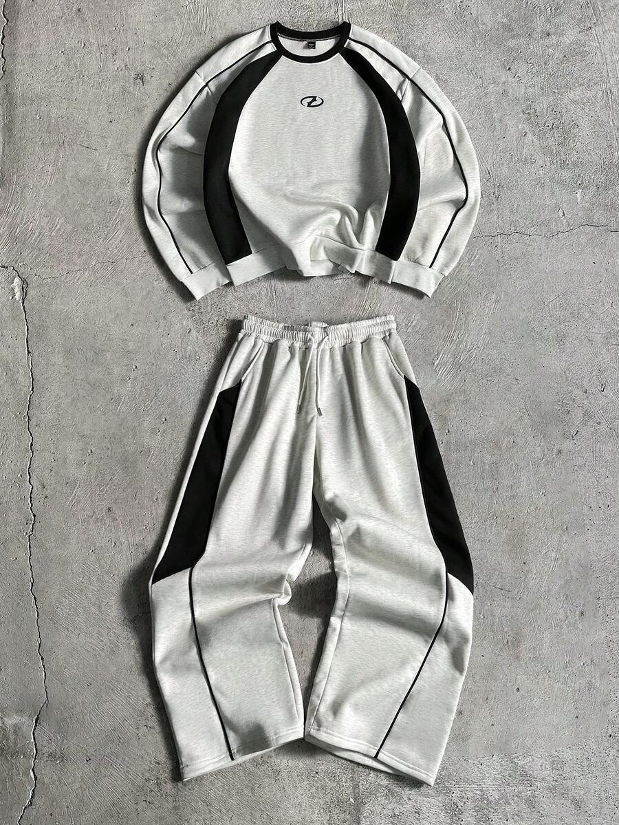 AXEPEAK Casual Loose Fit Color Block Crew Neck Sweatshirt Set - Grey - View 1