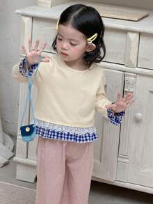 DAZY Baby Girls' Round Neck Tie-Up Plaid Patchwork Ruffle Trim Long Sleeve Top Spring - Apricot - View 8