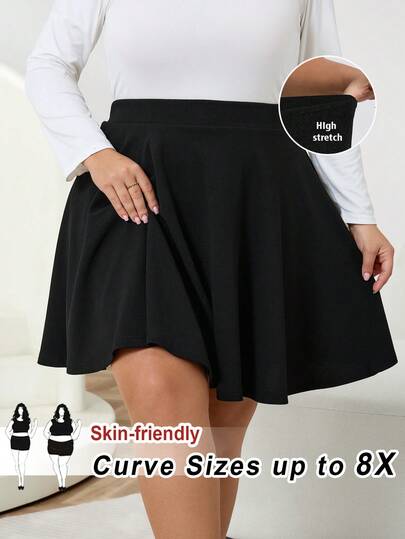 SHEIN CURVE+ Plus Size Ladies Autumn And Winter Fashion Casual Comfortable Basic Versatile Daily Black A-Line Skirt,Women Bottom,Curve Skirt/2026 /New Year