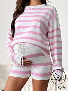 SHEIN 孕妇休闲拼色条纹毛衣和针织短裤套装，秋冬 - 粉色 - 查看 1